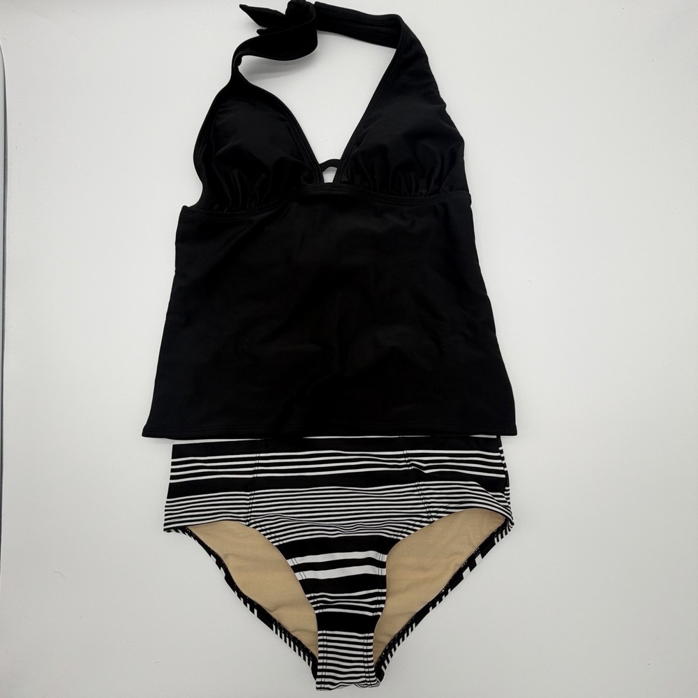 Black Plunge Tankini, High Waist Striped Control Bottoms-SMALL-Y2K-Retro-NWOT